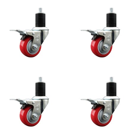 Service Caster 3'' SS Red Poly Swivel 1-3/4'' Expanding Stem Caster Set Total Lock Brake, 4PK SCC-SSEXTTL20S314-PPUB-RED-134-4